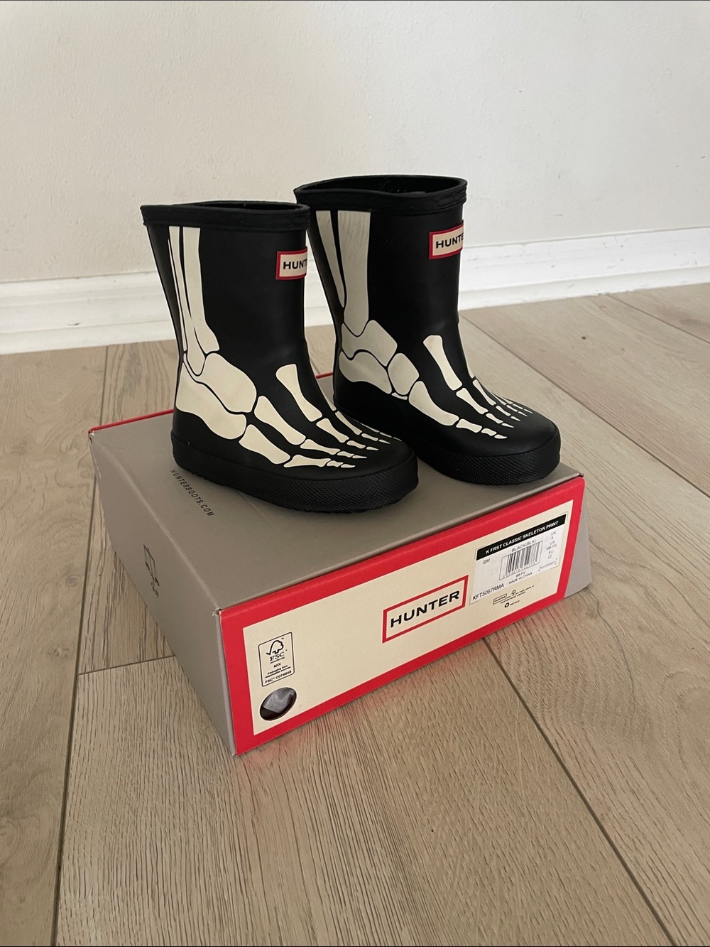 Hunter Kids Black and Cream Skeleton Rain Boots